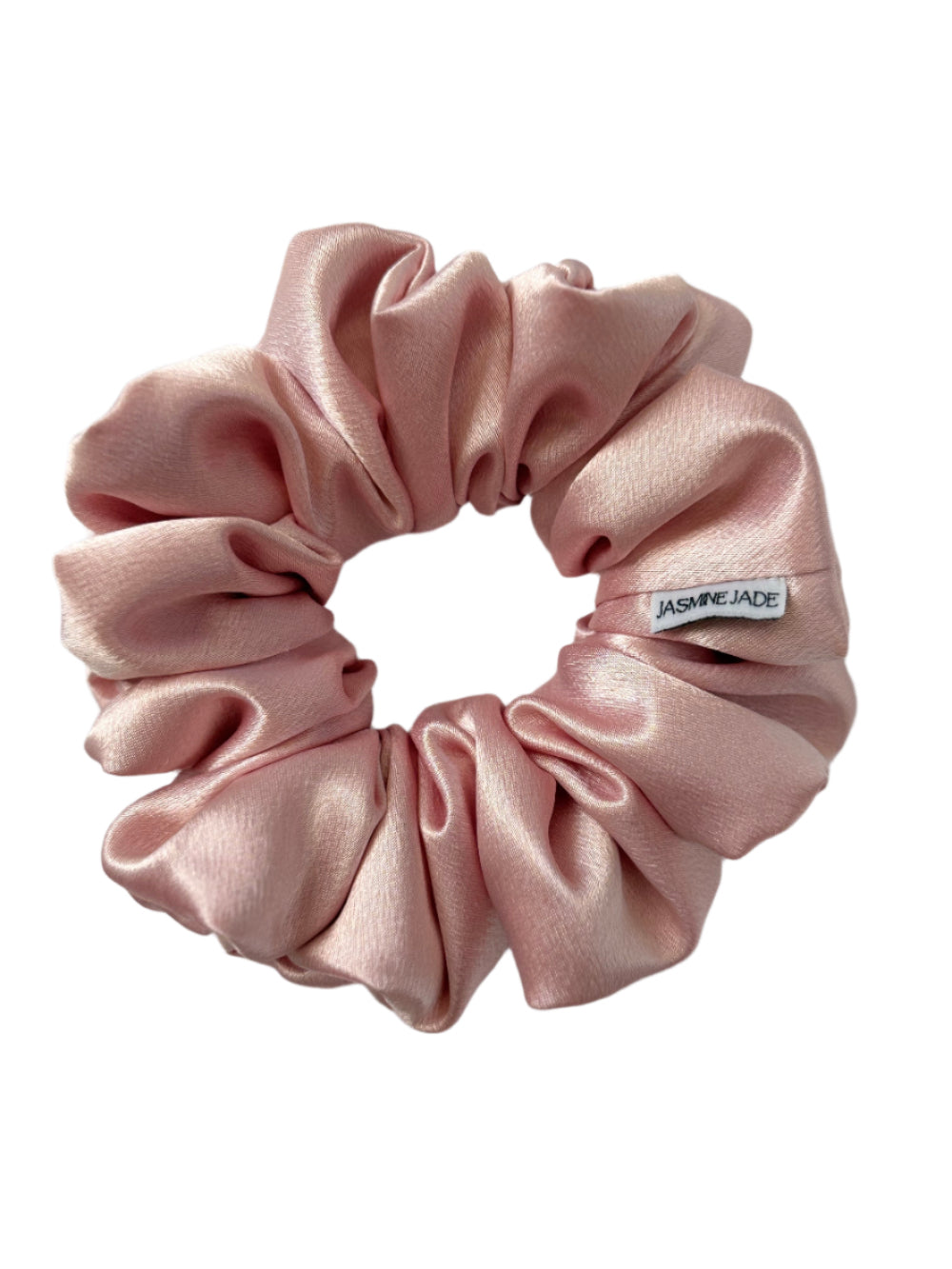 Amanda mini satin scrunchie in blush pink, designed for short or fine hair, offering a soft, crease-free, and elegant hold.