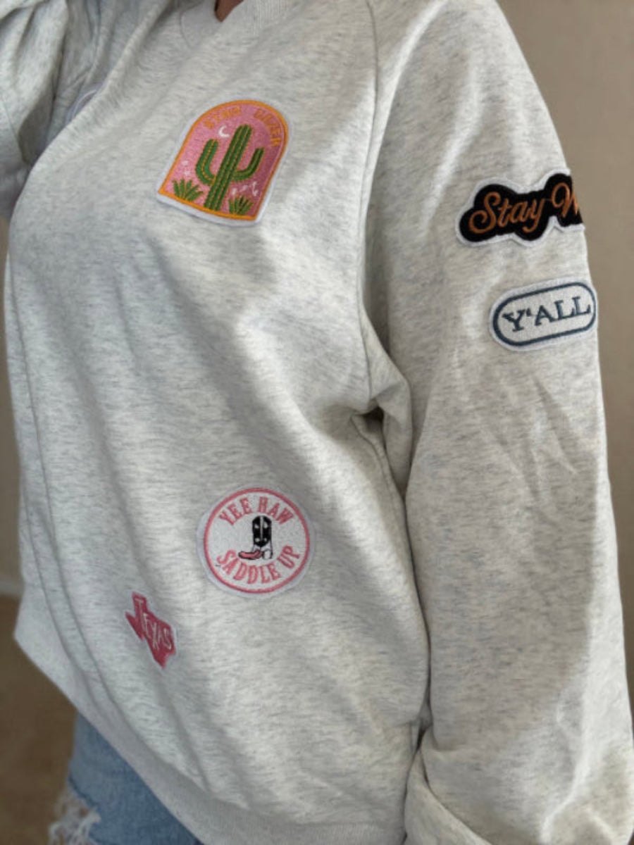 Heather gray crewneck with western cowgirl patches – YEE HAW, cactus, Texas