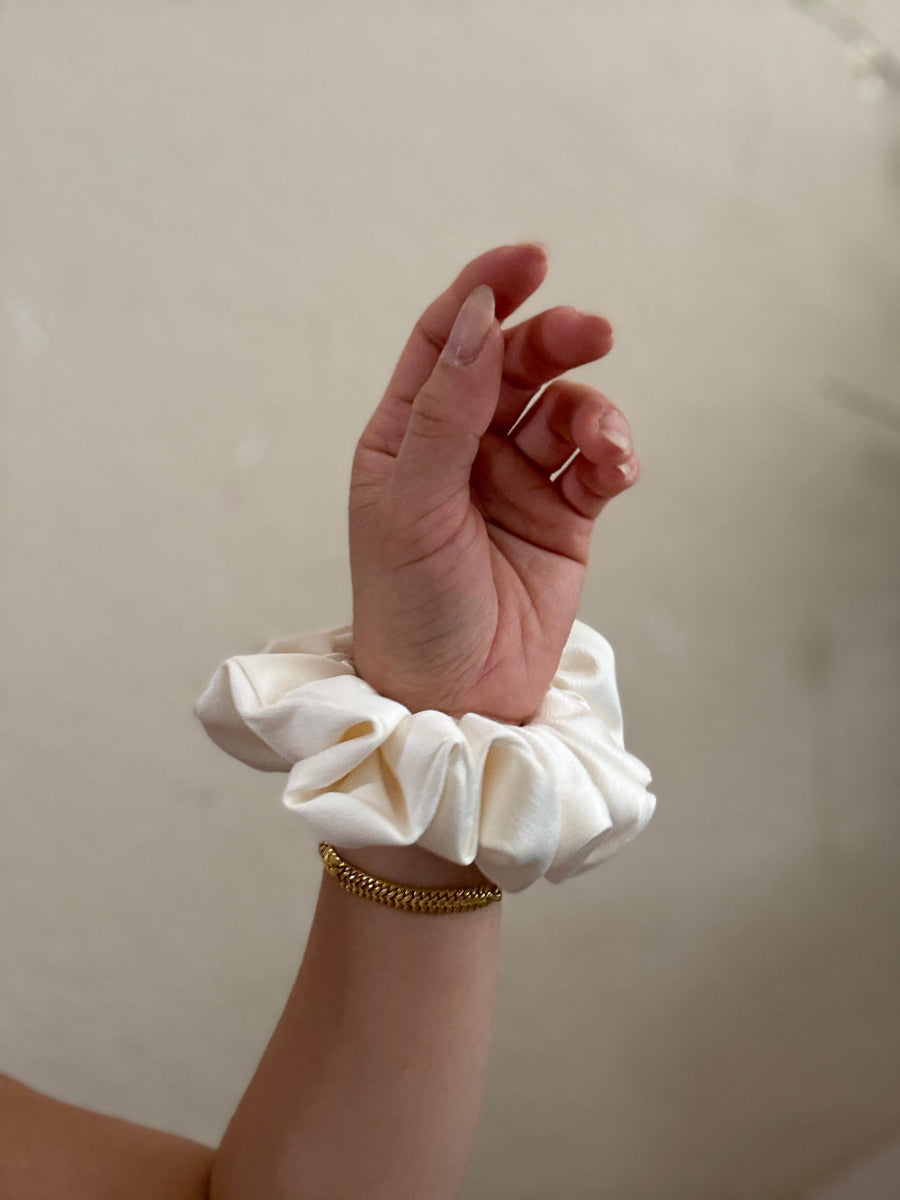 Mini ivory matte satin scrunchie, perfect for everyday hairstyles, smooth and soft, handmade in Texas