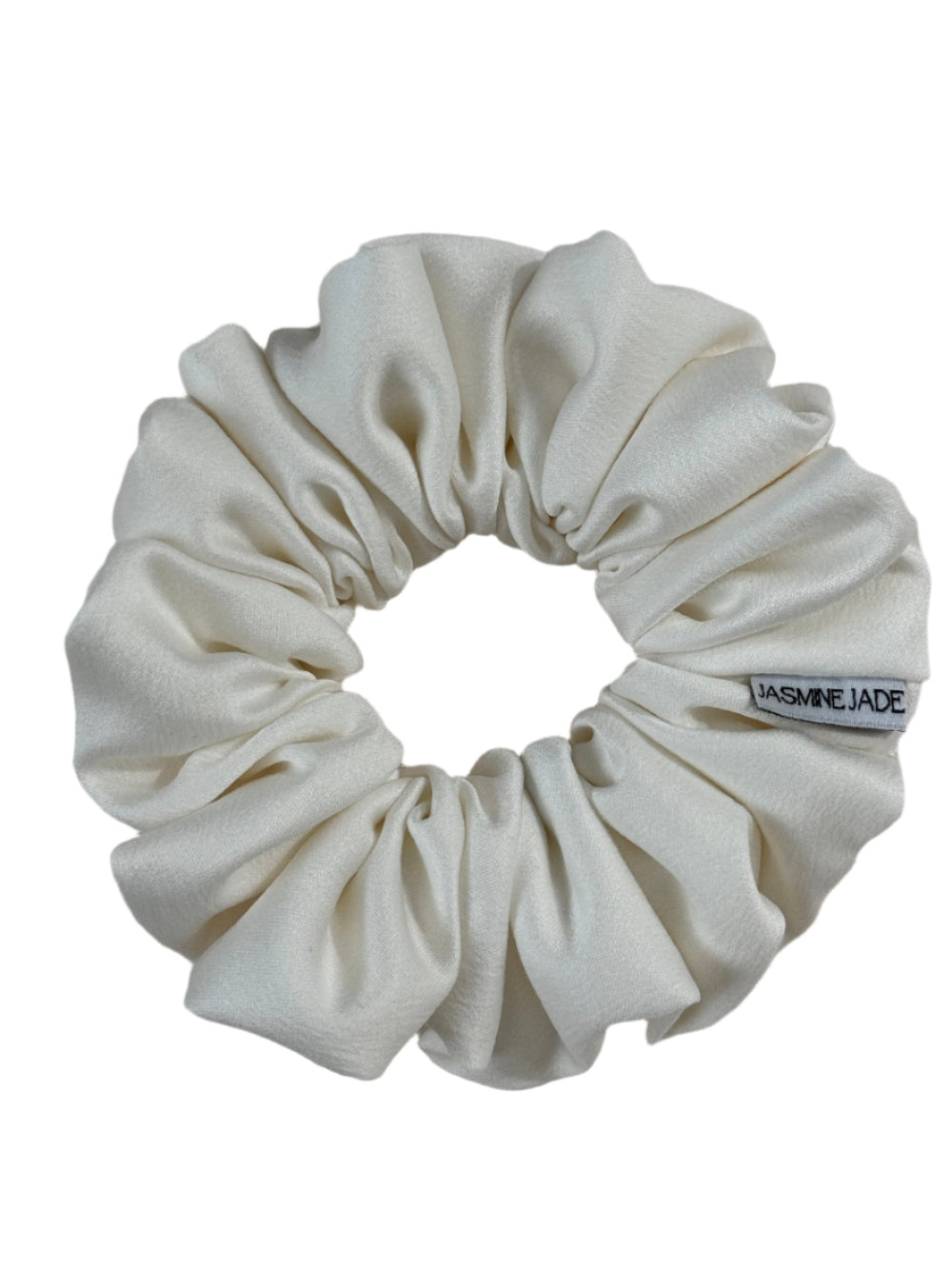 Mini ivory matte satin scrunchie, perfect for everyday hairstyles, smooth and soft, handmade in Texas.