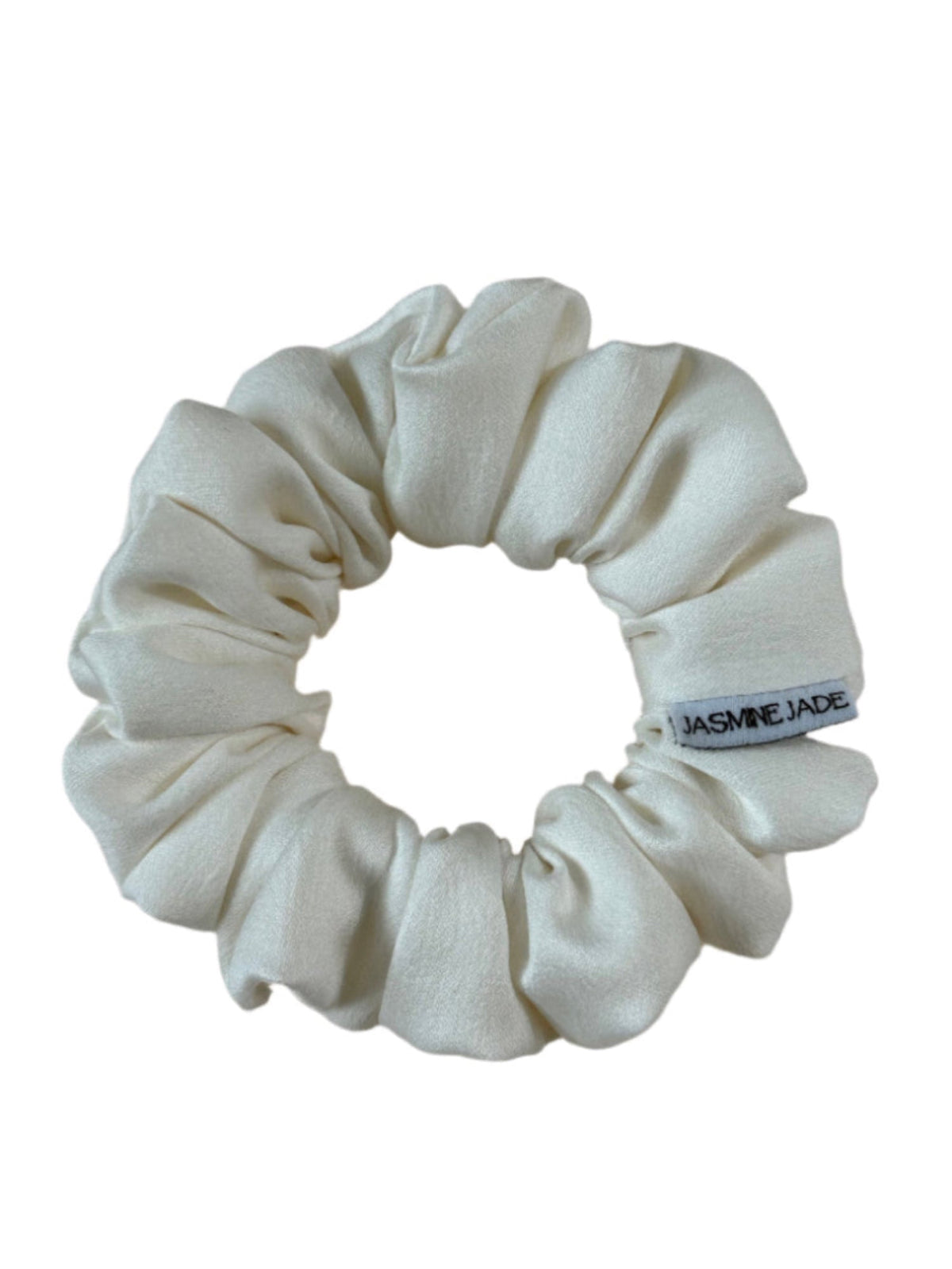 Extra small ivory satin scrunchie with matte finish, ideal for minimal hairstyles, handmade in Texas.