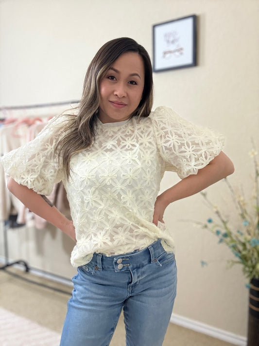 Esme Floral Lace Puff Sleeve Blouse – Ivory