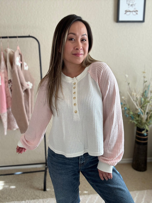 Eleanor Color Block Henley Top – Pink & Ivory