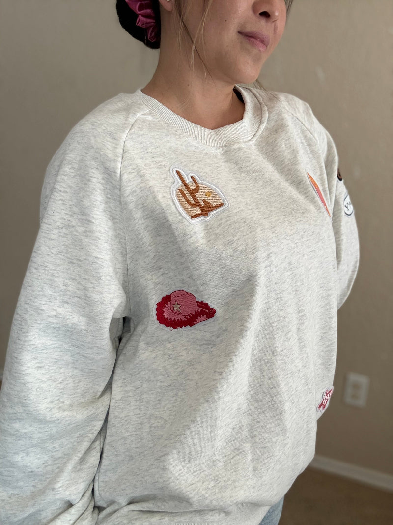 Heather gray crewneck with western cowgirl patches – YEE HAW, cactus, Texas