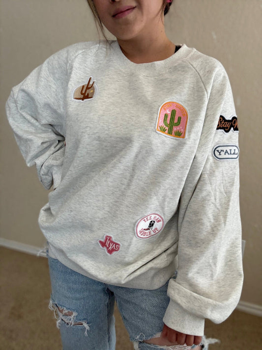 Heather gray crewneck with western cowgirl patches – YEE HAW, cactus, Texas