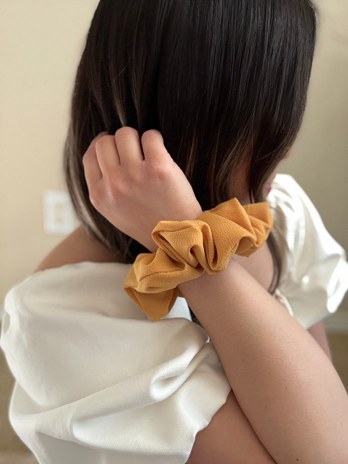Marigold Mae mini mustard yellow scrunchie, handmade for braids and smaller hairstyles