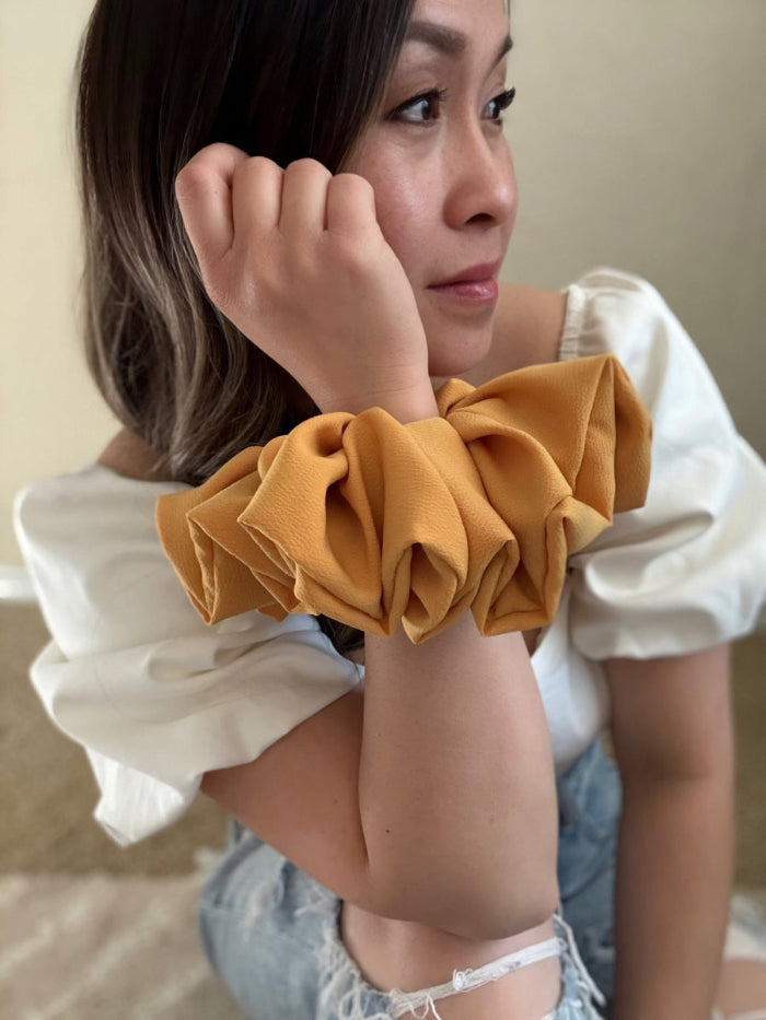 Marigold Mae mustard yellow jumbo scrunchie, handmade and oversized for thick or long hair