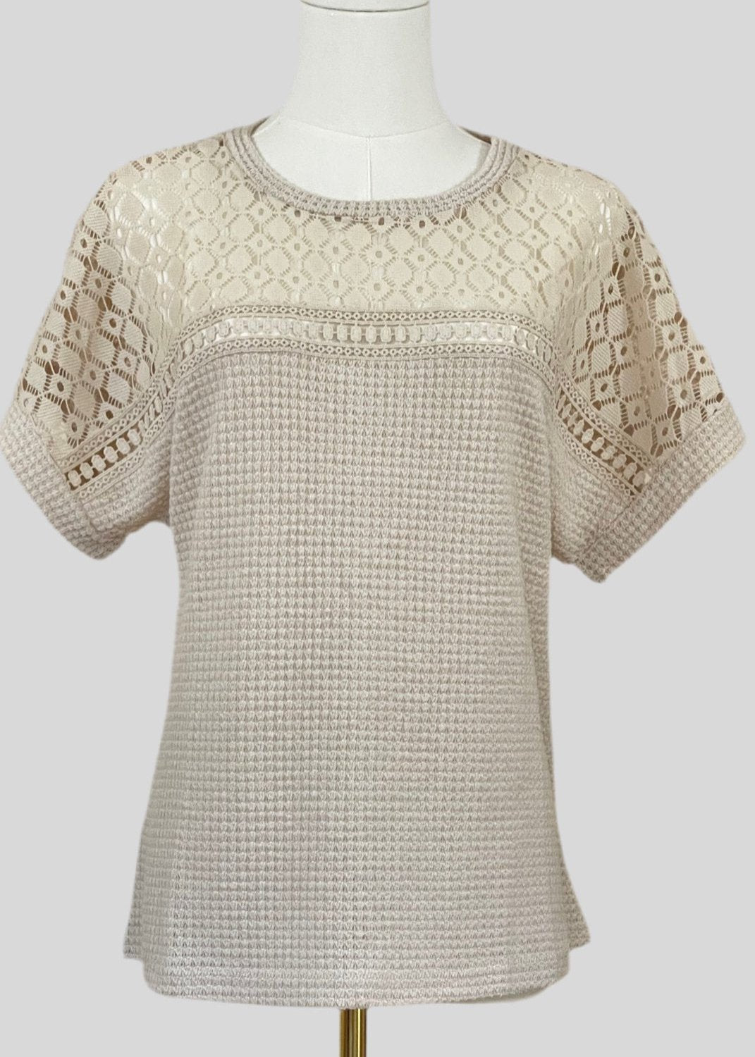 Front view of a beige lace yoke textured top with intricate lace detailing on the yoke and sleeves and a relaxed fit.